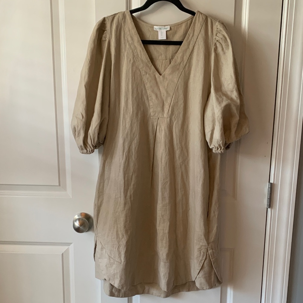 Cynthia Rowley Beige linen blend V-Neck Dress Lagenlook